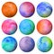 Set of watercolor colored bright planets isolated on white background. Watercolour hand drawn abstract planet balls