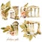 Set of watercolor compositions of antique architectural elements and floral boho bouquets