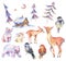 Set of watercolor cute polar bears, deer, fawn, hare