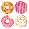 Set of watercolor donut illustrations. Pink, green, white toppings