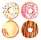 Set of watercolor donut illustrations. Pink, green, white toppings