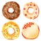 Set of watercolor donut illustrations. Pink, green, white toppings