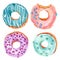 Set of watercolor donut illustrations. Pink, green, white toppings