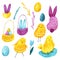 Set of watercolor Easter decorative elements. Chickens, rabbits, flower, eggs and plants for holiday design