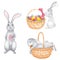 Set watercolor easter rabbits. Bunny asleep in a basket.Easter rabbit with basket of eggs. Bunny with easter egg on hand