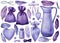 Set of watercolor elements, feathers, vases, bottles, feathers, hearts, beads on a white background