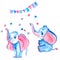 Set of watercolor elephant with balloons. Romantic pink and blue elephant with pink ears. Sweet animals