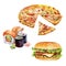 Set of watercolor fast-food with Burger, Sushi, Pizza pieces
