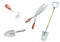 Set of watercolor garden tools: scissors, hoe, shovel. Hand drawn painting on the theme of farm life on white background