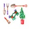 Set of watercolor illustrations garden theme, potted seedlings and gardening tools, shovel, gardening gloves, brush, hoe