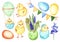 Set of watercolor illustrations with the image of yellow chickens, easter eggs and flowers. Elements are hand-drawn and isolated