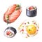 Set of watercolor illustrations of Japanese food.