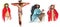 Set of watercolor illustrations of Jesus Christ in prayer, Christ on the cross, Jesus in the crown of thorns, Christ blesses.