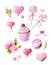 Set of watercolor illustrations for Valentine`s Day. Sweets, lollipops, pink flowers