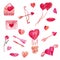 Set of watercolor love icons, romantic concept. Pink-beige love letters, arrows, rose, lips, hearts and balloons, isolated on