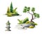 Set of watercolor nature clip art. Green fern leaves, stone lantern, rocks and bonsai tree. Spiritual zen garden design elements,