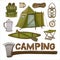 Set of watercolor painted camping supplies clipart. Hand drawn isolated on white background.