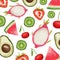Set of watercolor painted fruits. Strawberry, Watermelon, Cherry, Avocado, Dragon fruit, Kiwi. Hand drawn isolated on white