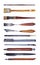 Set watercolor palette knife for artist or repairs, brush, pen, pencil mechanical collet, antique fountain pen isolated