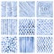 Set of watercolor patterns. Blue ornaments on a white background. Handwork