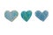 Set of watercolor, pencils drawings of blue handmade hearts on a white isolated background, flat