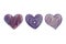 Set of watercolor, pencils drawings triple of purple handmade hearts on a white isolated background, flat