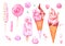 Set of watercolor pink ice creams and sweet elements for design of greeting cards