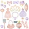 Set of watercolor princess elements, princess dress and accessories