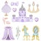 Set of watercolor princess elements, purple princess dress, castle, crown etc