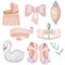 Set of watercolor princess and little cute girl elements princess crown, shoes, bow, princess swan, cradle