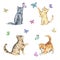 Set of watercolor seamless pattern with cute kittens