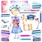 Set of watercolor smart schoolgirl, books and stationery objects