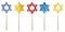 Set of watercolor stars of David on gold sticks, Jewish magic wands, Judaism illustration in blue, yellow, red colors