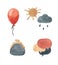 Set of watercolor sticker icons - sun, rain, clouds