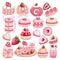 Set of watercolor strawberry dessert clipart.Whimsical valentine sweets decoration