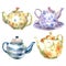 Set of watercolor teapot on a white background