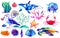 Set of watercolor underwater animals and seaweed includes whale, turtle, crab, jellyfish. Illustration isolated