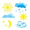 Set of watercolor weather icons. Watercolor sun, clouds