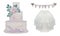 Set of watercolor wedding bride and groom accessories: veil, ring in the box, cake, boutonniere, flower composition