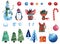 Set of watercolor winter elements. Snowman, penguin, mouse, fox in a watercolor style with various objects. Great for stickers,