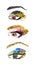 Set of watercolor woman eyes, make up with golden glitter on white background
