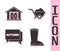 Set Waterproof rubber boot, Farm house, Speech bubble with text autumn and Wheelbarrow with dirt icon. Vector