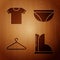 Set Waterproof rubber boot, T-shirt, Hanger wardrobe and Underwear on wooden background. Vector