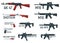 Set of weapon military rifle, revolver and pistol, shotgun carbine, knife and submachine gun cartoon icon vector illustration,