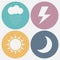 Set of weather icon - moon, sun, rain, lightning. Vector illustration.