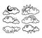 A set of weather phenomena. Clouds with rainbow, snow, rain, sun, month, drawn elements in doodle style. Nature