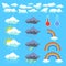 Set of weather pixel elements. Clouds, thunderclouds, rainbow. Vector illustration