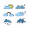 Set of weather vector illustration. sunny, cloudy, rainbow, rainy, stars and yellow thunderbolt. weather icon. hand drawn vector.