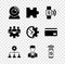 Set Web camera, Piece of puzzle, Contactless payment, Lead management, Scientist and test tube and icon. Vector