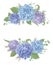 Set of wedding bouquets.Leaves, blooming branches eucalyptus, gaultheria, salal, chamaelaucium, fern.Blue, purple, flower of